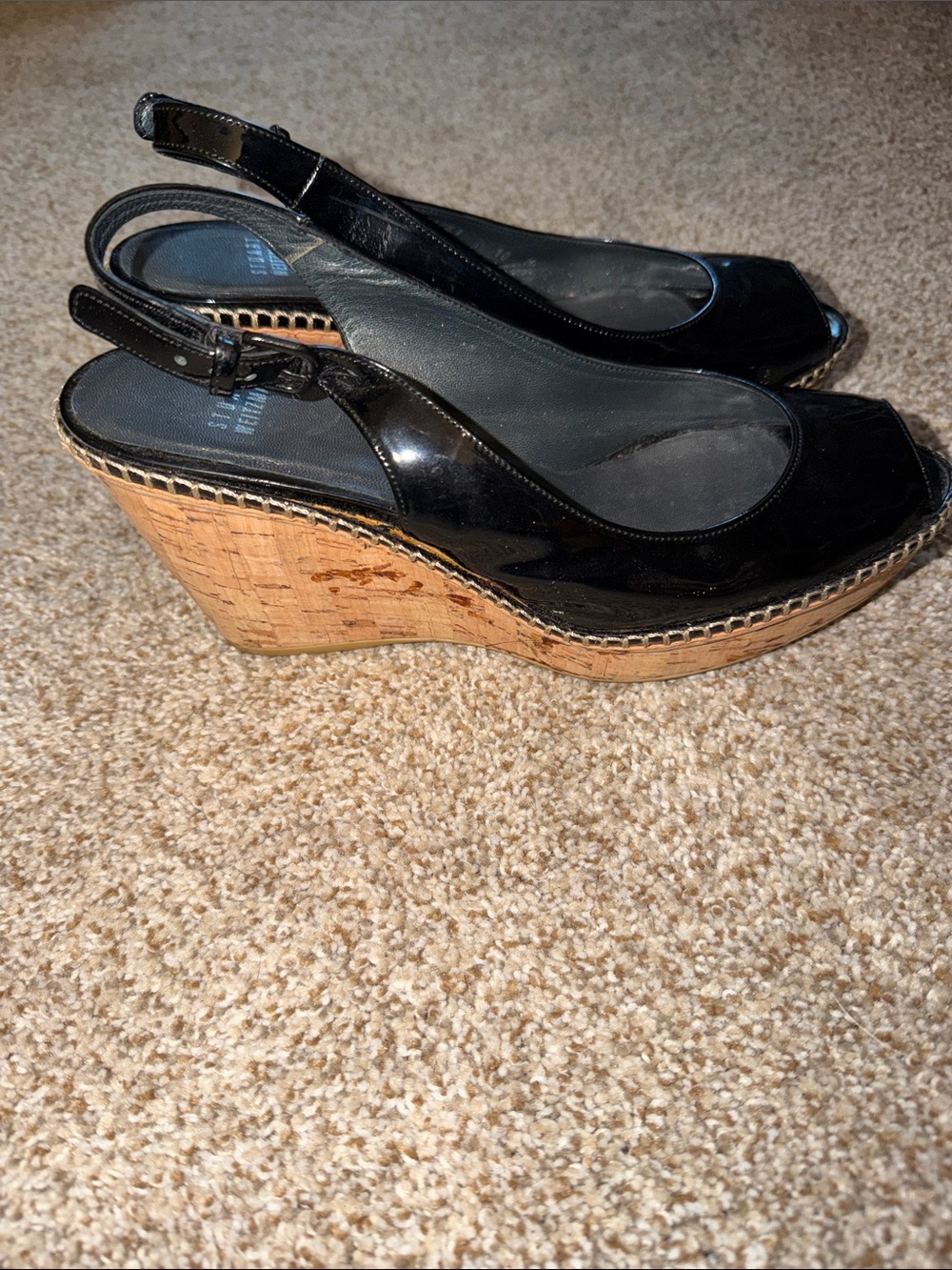 STUART WEITZMAN JEAN BLACK PATENT LEATHER SLINGBACK PEEP-TOE CORK WEDGE SANDALS - Picture 5 of 8